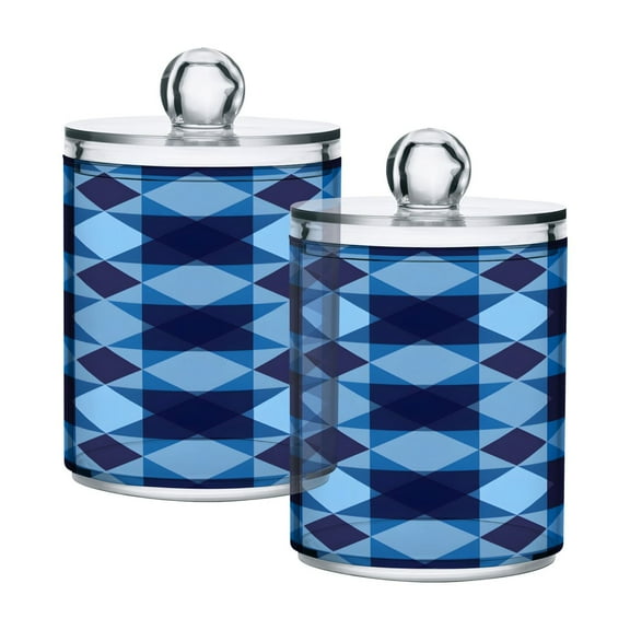 Ryvnso 2 Pack Qtip Holder Organizer Blue Checkered Grid Pattern Bathroom Cotton Swabs Cans Storage Canister