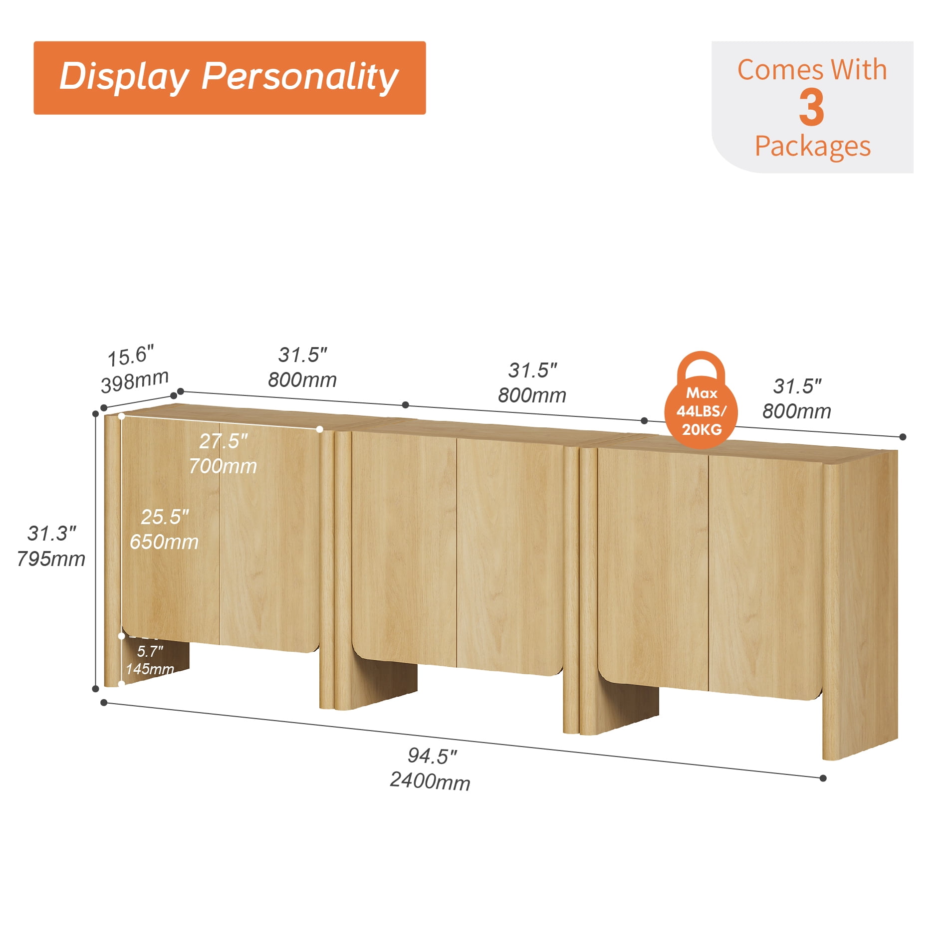 94.5-Inch 3-in-1 French Minimalist TV Stand for 105" TVs, 6-Door Media Console with Adjustable Shelves, Cable Management, Oak
