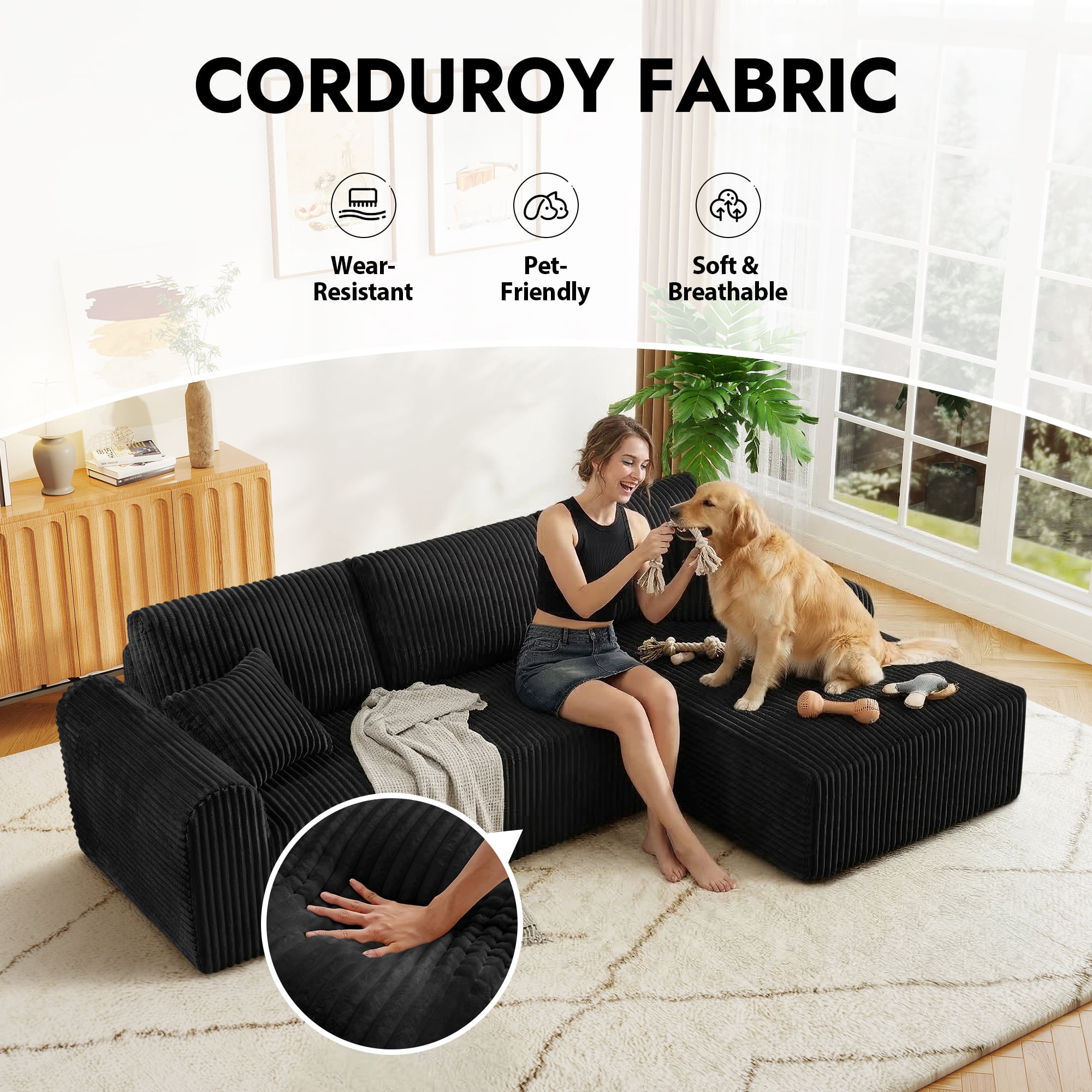 Aukfa 109" Modular Cloud Sectional Sofa with L-Shape Chaise, Corduroy Upholstered Deep Seat Couch, Right Facing Chaise, No Assembly Boneless Sofa for Living Room/Bedroom/Apartment, Black