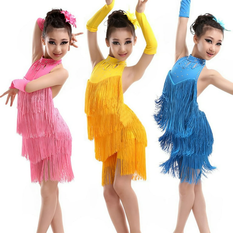 Aosijia Girls Dance Outfits Rhinestone Shiny Fringe Tassel Flapper Dress  Backless Sexy Latin Dance Dress Latin Salsa Ballroom Dance Costumes 