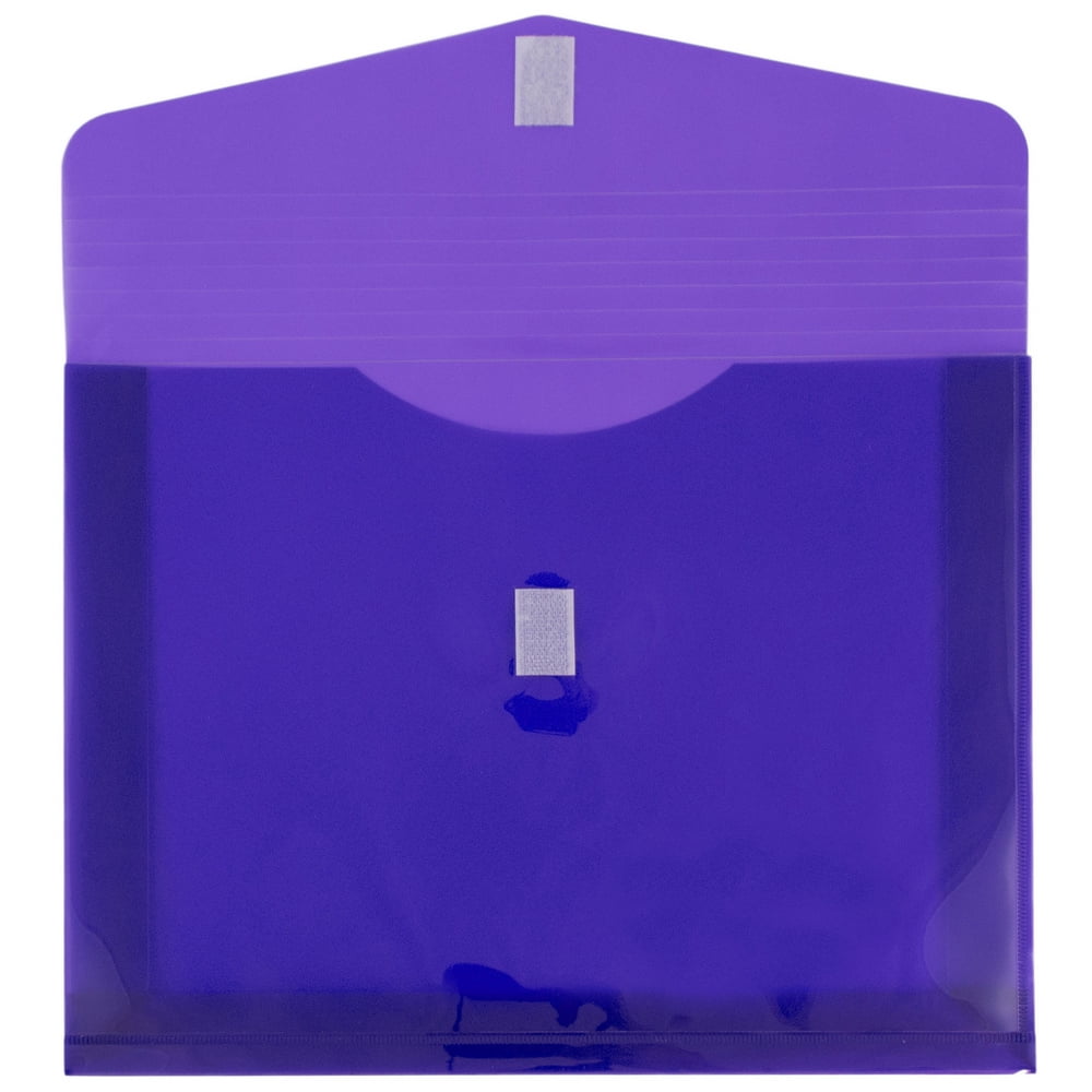 JAM Paper Plastic Expansion Envelopes, Hook & Loop, Letter Booklet, 9 3/4 x 13, 2 in Expansion, Purple, 3/Pack