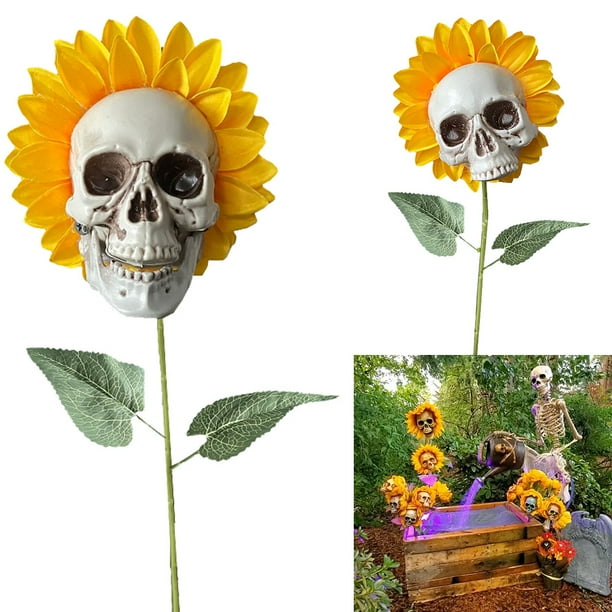 Muyoka Calavera de girasol Decoraci贸n de jard铆n Estatuas de esqueleto de resina Adornos de flores de simulaci贸n de jard铆n para exterior Decoraci贸n de fiesta de jard铆n de interior para Halloween Navid