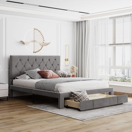 Queen Size Storage Platform Bed with a Big Drawer  Velvet Upholstered Platform Bed Frame with Tufted Headboard & Under Bed Storage and 12 Wood Slats Easy Assembly No Box Spring Needed  Gray