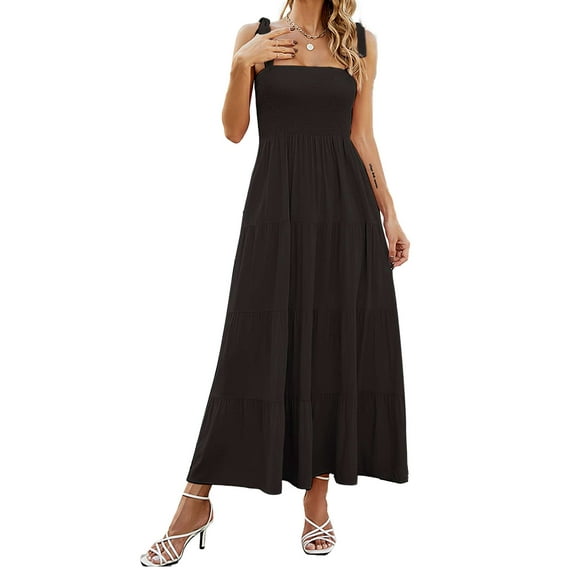 Luxtrada Summer Spaghetti Strap Square Neck Ruffle Long Dress Beach Sexy Backless Vacation Style Camisole Dress for Women (Black,S)