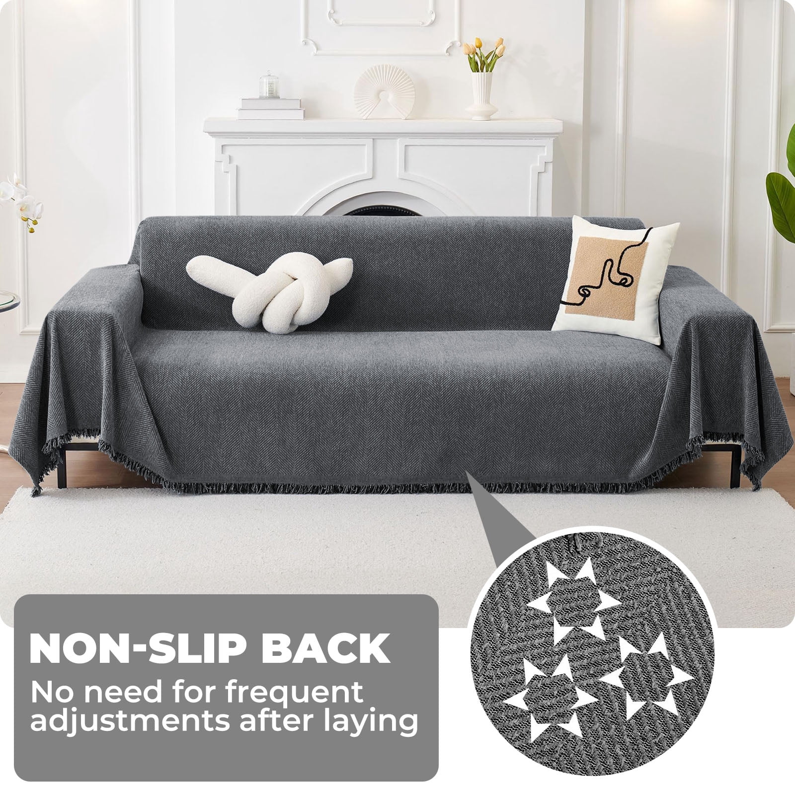 Sanmadrola Sofa Cover Non Slip Couch Cover for 3 Cushion Couch Machine Washable Furniture Protector for Dogs Pet Chenille Throw Slipcover Blanket for Living Room (Gray, 91"x134")