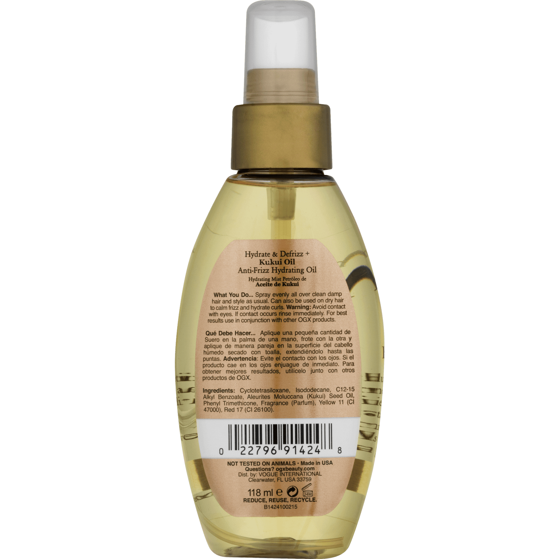 OGX Hydrate Defrizz kukui Oil Anti Frizz Hydrating Oil by Organix for Unisex 4 oz Oil