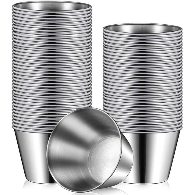 Potchen 60 Pcs Stainless Steel Sauce Cups Bulk, 2.5 Oz Metal Ramekins Dipping Sauce Cups Condiment Bowls Reusable Stackable Round Individual Dipping Bowls Mini Containers for Kitchen Restaurant