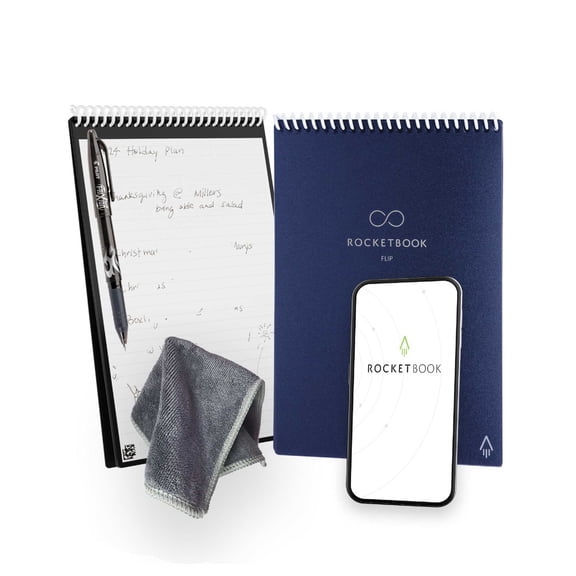 Rocketbook Flip Reusable Smart Notebook, Executive 6" x 8.8", Navy, Cloud Connected Top-Bound Erasable Spiral Notebook