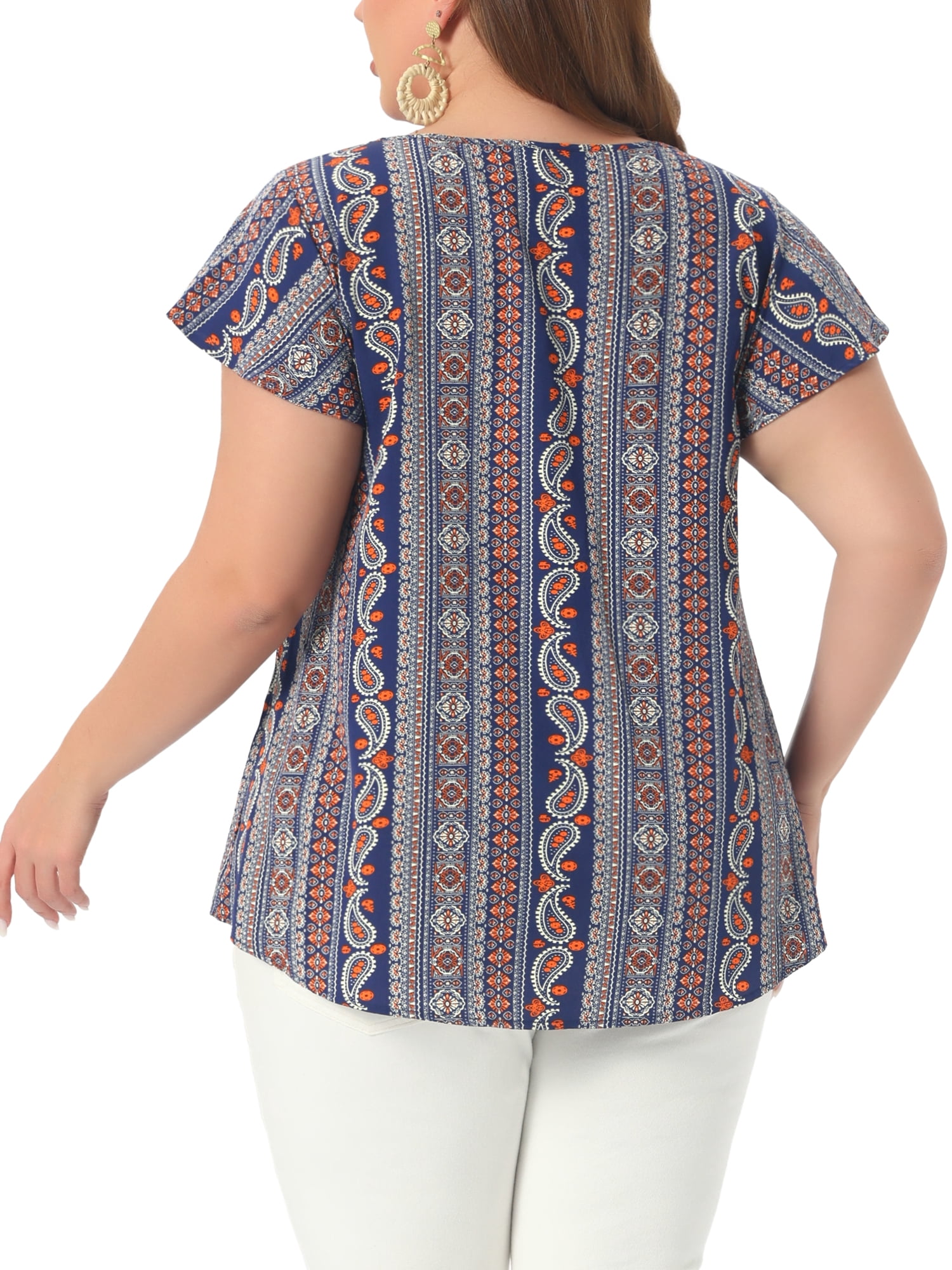 DARING DIVA Women's Plus Top Boho Floral Round Neck Ruffle Sleeve Blouses 2X Navy Blue
