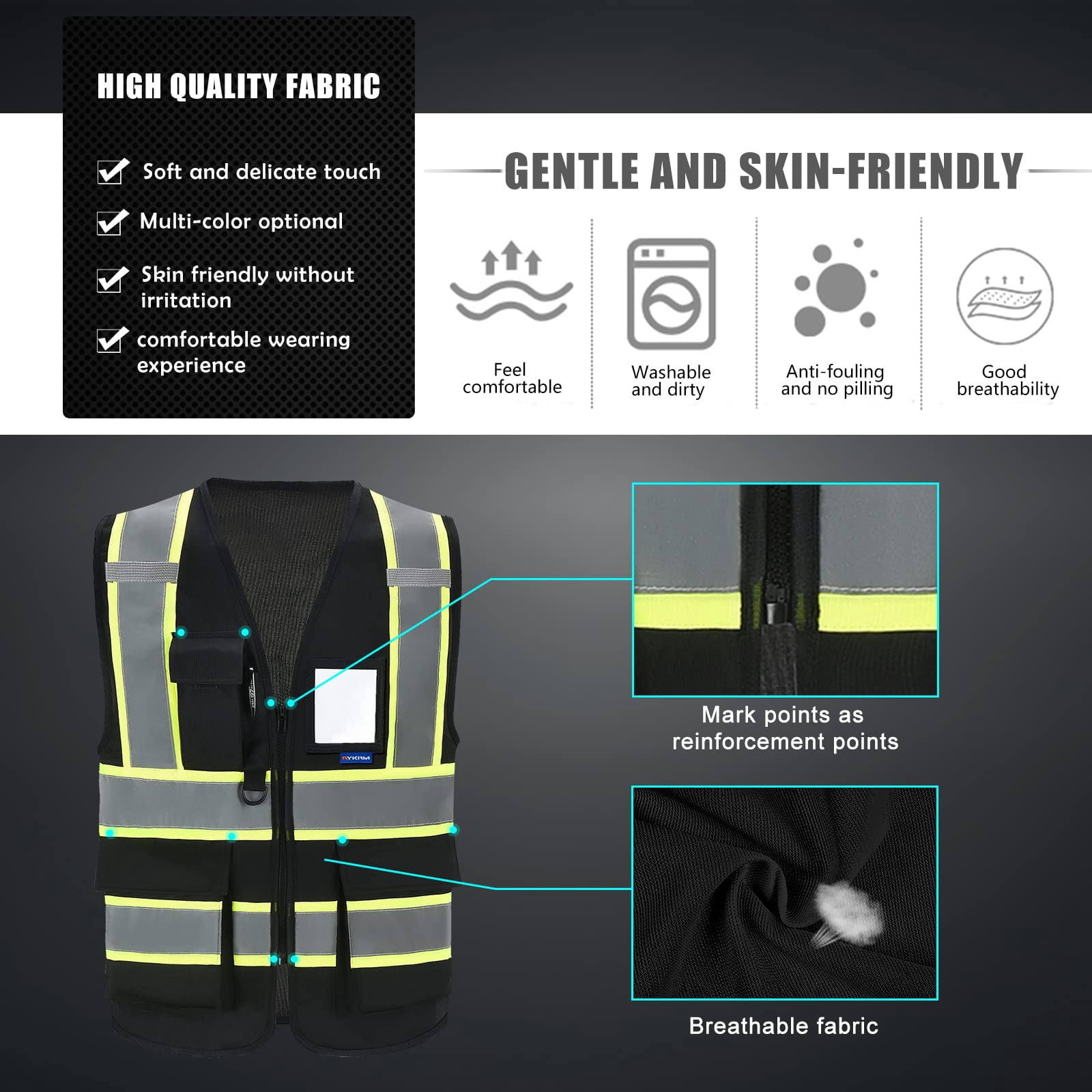 AYKRM Big And Tall Black High Vis Reflective 4XL 5XL Safety Vest for Women Men Security vest Pocket Zipper