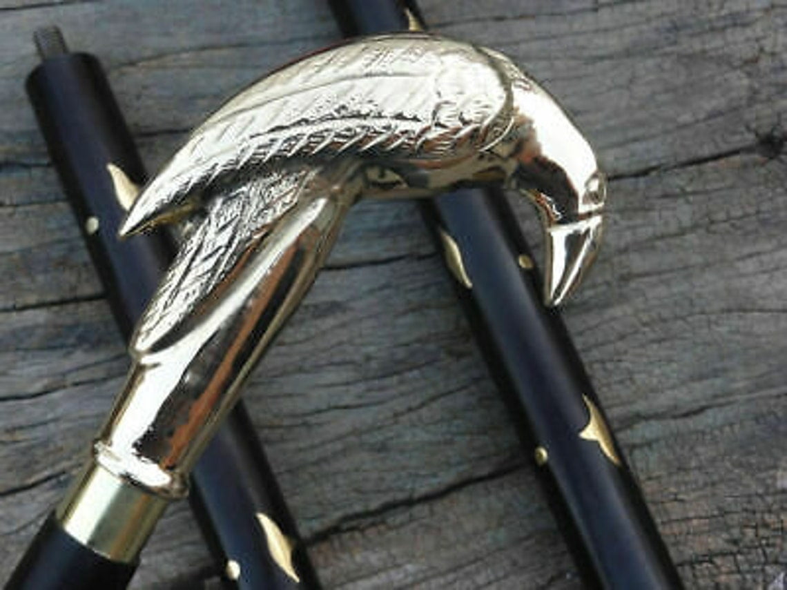 Silver Brass Pillar Head Handle Vintage Antqiue Wooden Walking Stick Cane Gift 