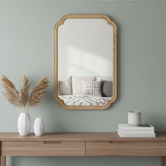 WUSCASA 24" x 36" Natural Solid Wood Frame Wall Mirror, Rounded Corner Decorative Mirror for Bedroom, Bathroom, Living Room, Entryway