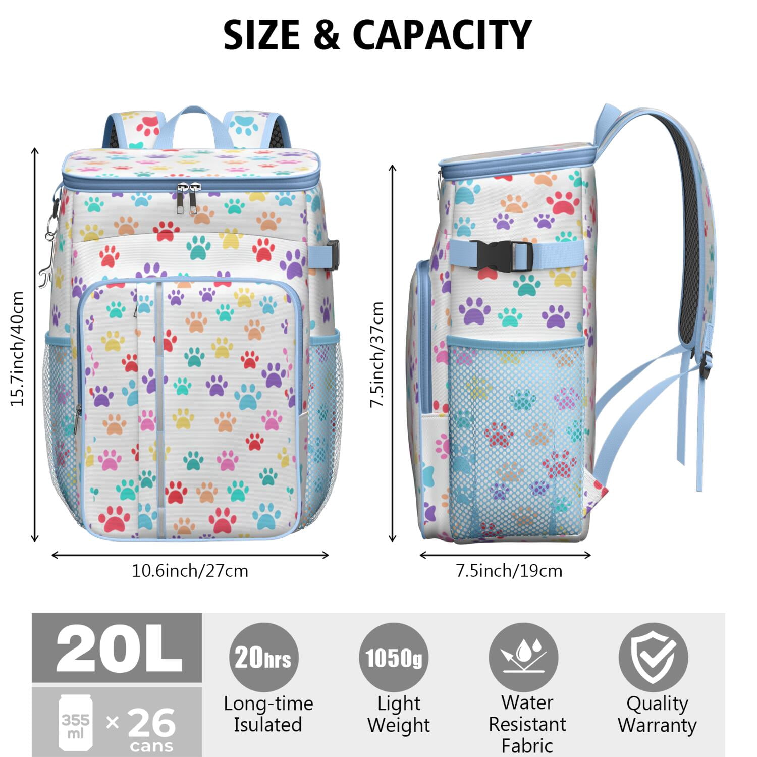 Travel Cooler Bag - Colorful Dog Paw Footprint Camping Beer Cooler Backpack with Bottle Opener- Waterproof Insulated Picnic Backpacks - Cooler Bag for Beach