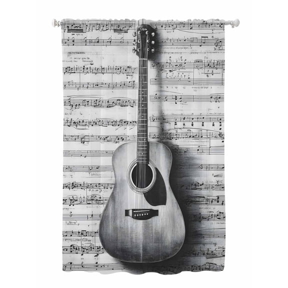 Sheer Curtains 72 Inches Long, Black Grey Guitar Semi Sheer Curtains Light Filtering Window Treatment, Vintage Musical Guitar Sheet Abstract Privacy Voile Drapes for Living Room Bedroom 52x72 Inch