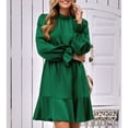 thumbnail image 2 of Vestido de manga larga con volantes de color puro, cuello medio alto, vestido informal de retales de línea A para mujer, otoño invierno, verde oscuro S, 2 of 6