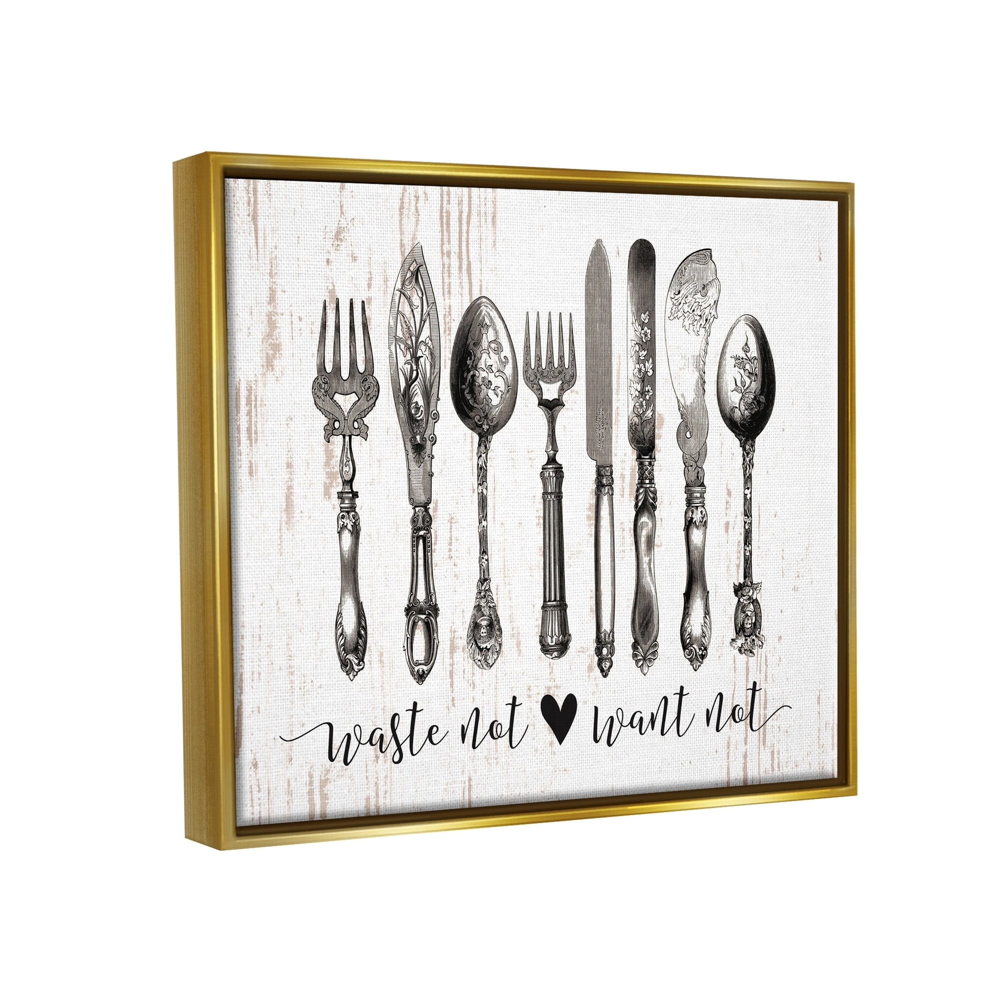 Stupell Industries Waste Not Want Not Silverware Drawing Metallic Gold Framed Floating Canvas Wall Art, 16x20, by Lettered and Lined