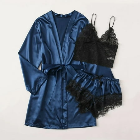 

Uerlsty Women s Imitation Silk Long Sleeve Nightgown With See Through Cami & Lace Panties 3Pcs Set