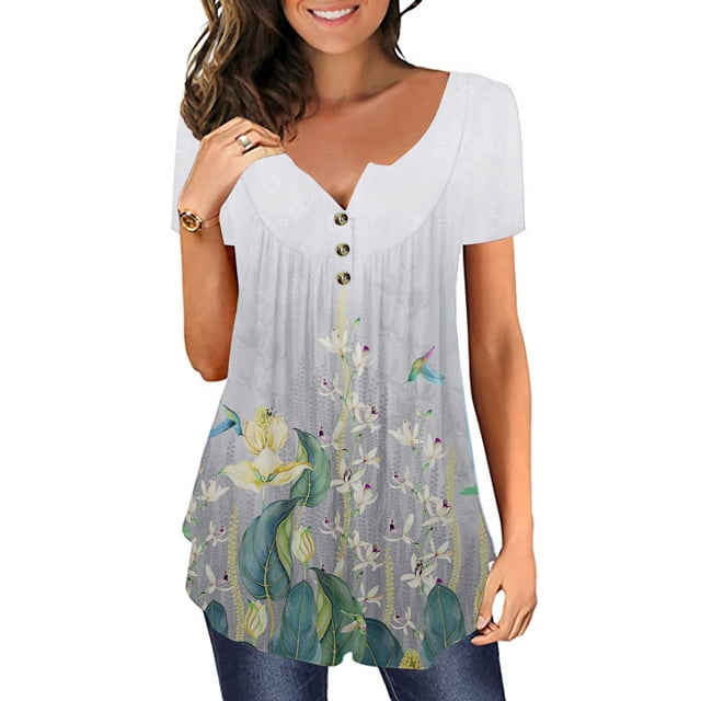 SMihono Hauts pour Femmes Été Chic Décontracté T-shirt Femme Décontracté Imprimé Floral Manches Courtes Bouton Col Rond Plié Chandail Blouse Hauts Grande Taille T-shirt