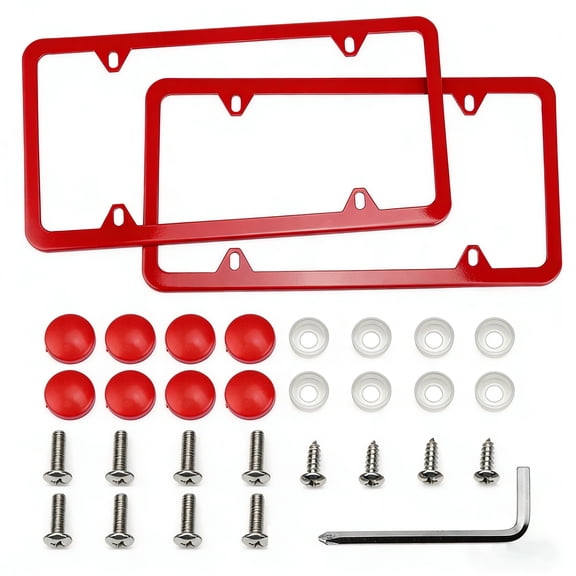 Red License Plate Frame for US Vehicles 4 Hole Stainless Steel with Screws Washers and Caps, 2PCS