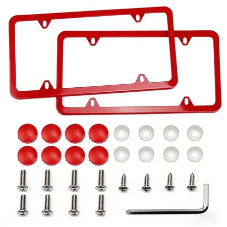 Red License Plate Frame for US Vehicles 4 Hole Stainless Steel with Screws Washers and Caps, 2PCS