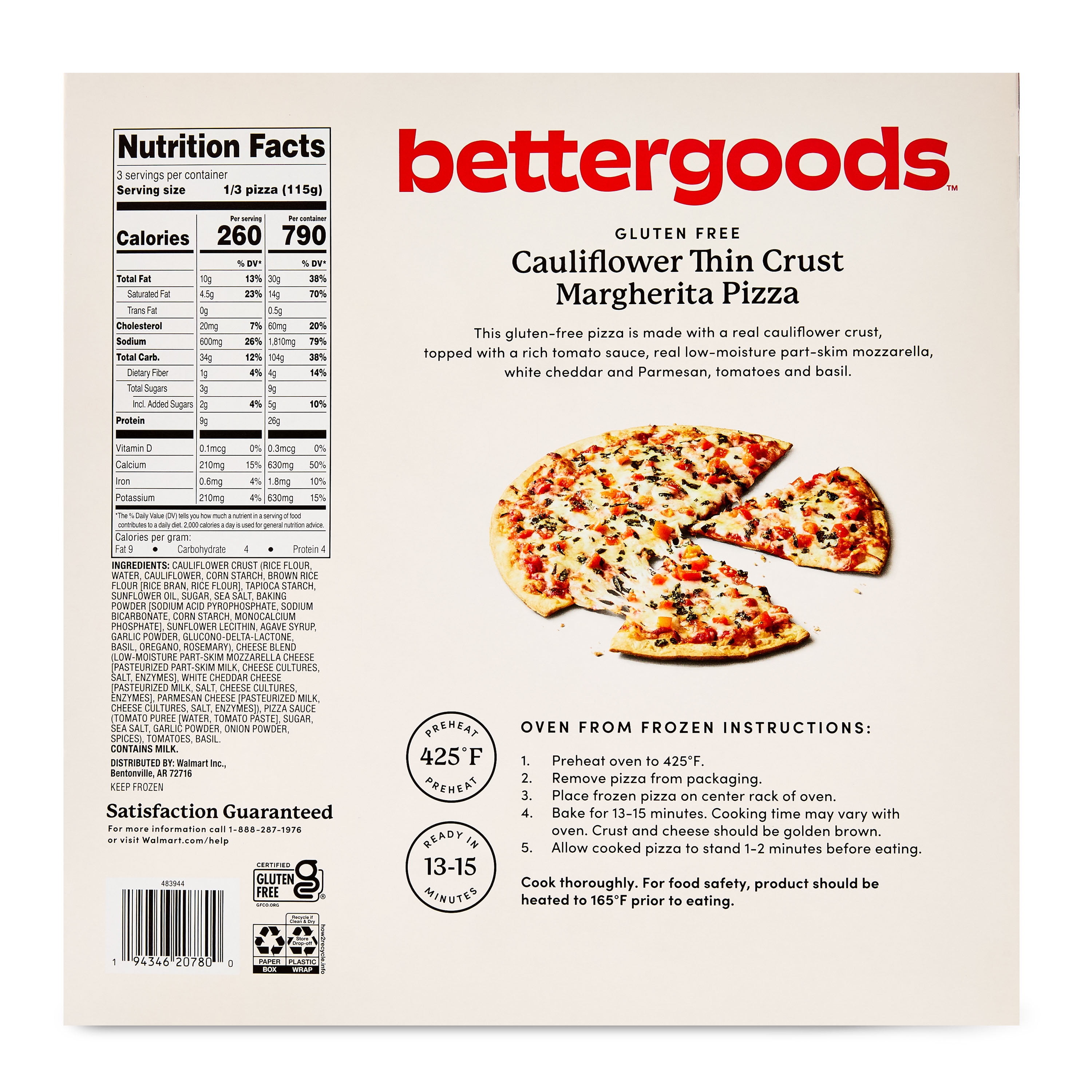 bettergoods Gluten-Free Cauliflower Thin Crust Margherita Pizza, 11.8 oz (Frozen)