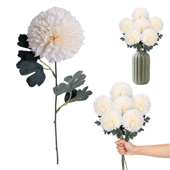 VKQNRGS Artificial Chrysanthemums Flowers 21.6" Large Faux Mums Bouquet Long Stem Fake Silk Flowers for Wedding Home Kitchen Party Garden Indoor Decoration,White