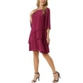 thumbnail image 4 of Vestido de gasa con volantes para mujer Inspire Chic, de capas, fluido, de manga 3/4, corte A, hasta la rodilla, color rojo vino, talla L, 4 of 6