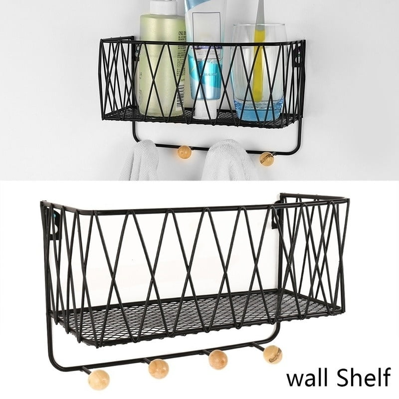 Wall Mounted Shelf Wrought Iron Shelf with Hooks Basket Key Hanging