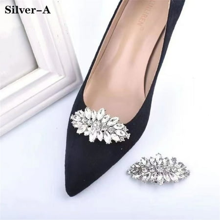 2pcs Women Rhinestones Crystal Bride Shoes Charms Jewelry Shoe Clips Shoes Decorations Charm Buckle SILVER A