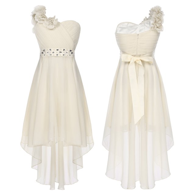 Zaldita Robe de Demoiselle d'Honneur pour Fille à une Épaule en Mousseline Asymétrique Junior, Robe de Bal de Fête, Champagne 10