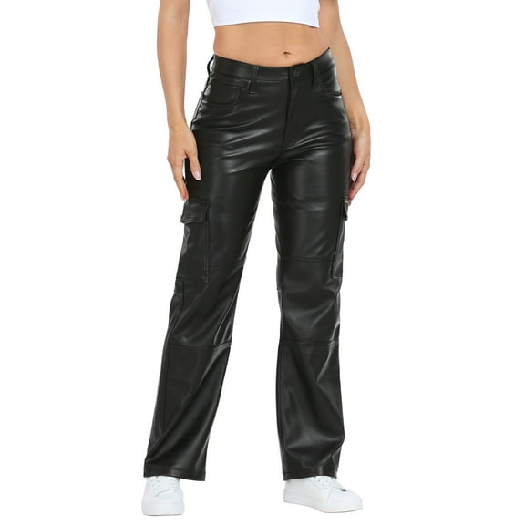 HDE Women's High Waisted Faux Leather Cargo Pants with Pockets Black 27