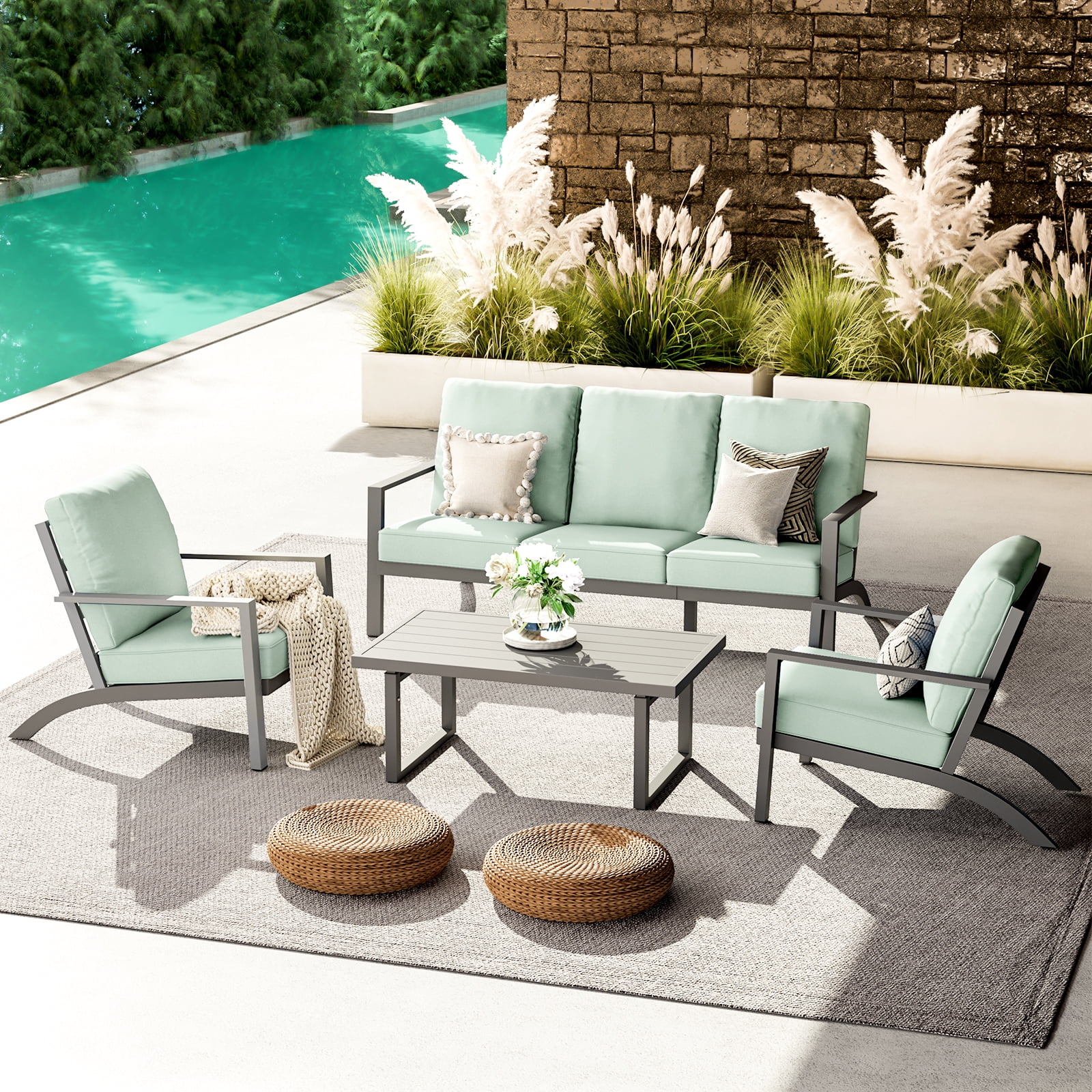 AECOJOY Aluminum Patio Furniture Set Modern Metal Outdoor Patio Furniture Clearance, Adirondack Patio Conversation Sets for Lawn, Backyard, and Deck Green with Green Cushions