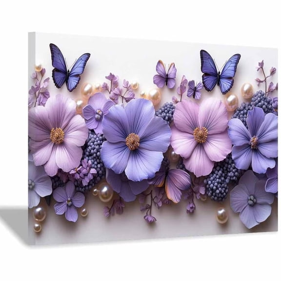 Mudket Purple Flower & Butterfly with Pearl Canvas Wall Art, Floral Wall Decor, Framed Ready to Hang Botanical Artwork for Living Room Bedroom Bathroom - 12"L x 8"W