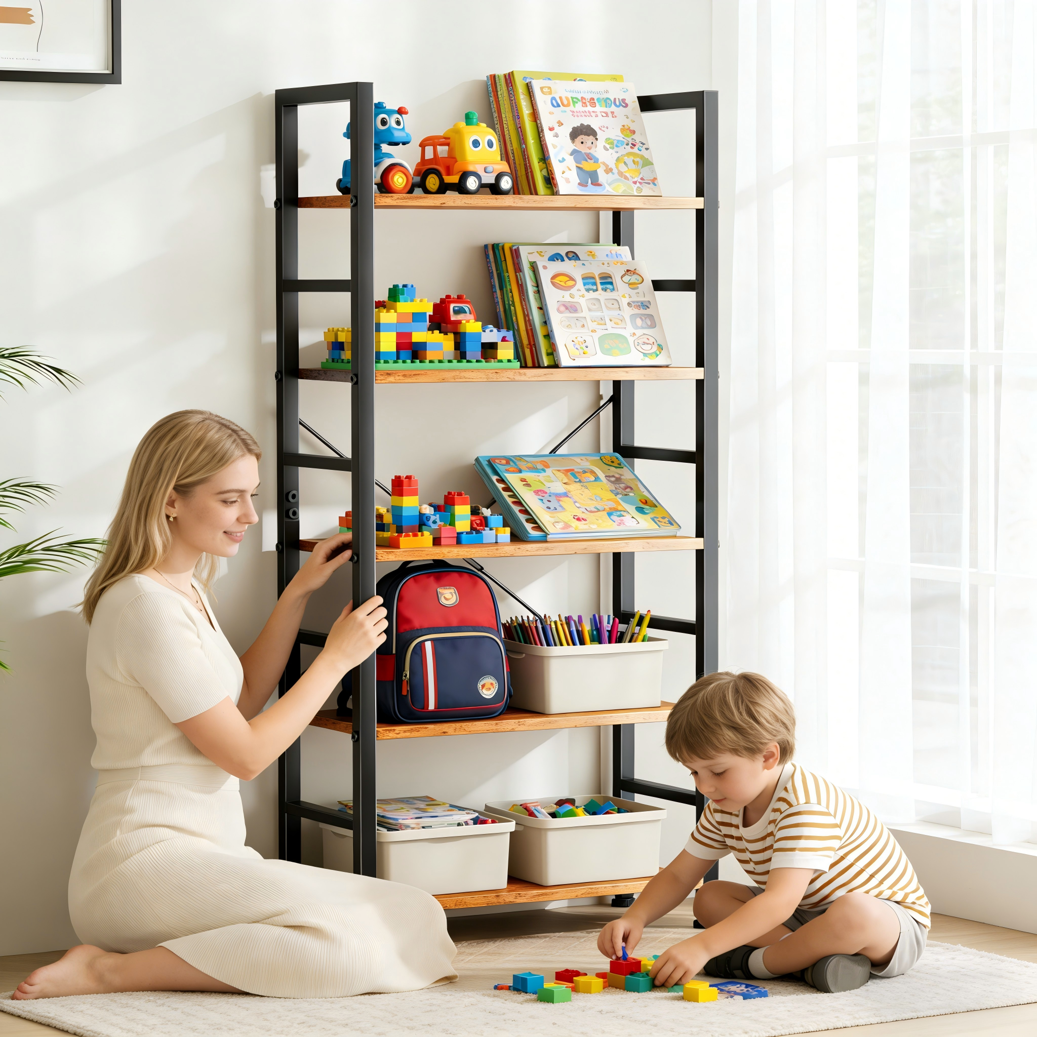 Atilioo 5 Tier Bookcase, 62" Tall Bookshelf, Wooden Storage Organizer with Adjustable Shelves for Living Room, Home Office, Kitchen, Rustic Brown