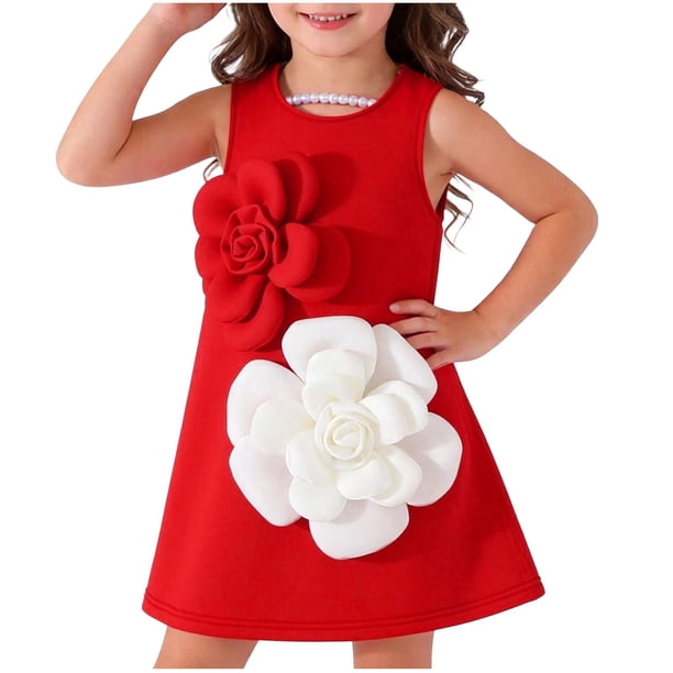 Vestido de la Niña de la Flor Blanca sin Mangas Verano Rojo Y Blanco de la Rodilla de la Falda de la Longitud Bolsos de Fiesta para los Niños Cumpleaños Vestido Al Aire Libre