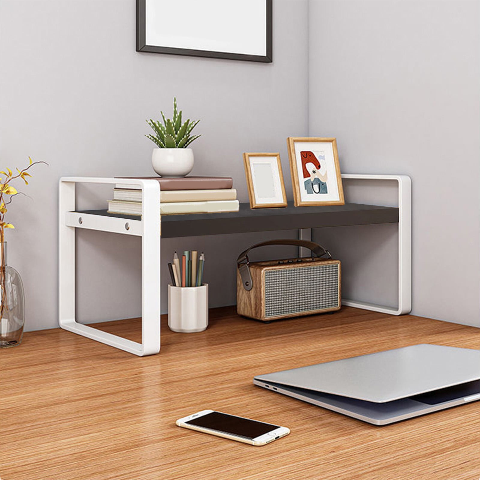 Merryso 2-Tier Desktop Organizer, Metal Frame Wooden Desk Shelf - Small Bookshelf for Student Office, Space Saving Tabletop Storage, White Compact Desk Organizer