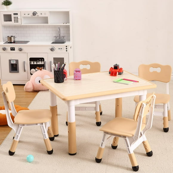 TROPOW Desk Chair,Kids Table and Chairs Set,Height Adjustable Desk With 4 Seats for Ages 2-10,Arts & Crafts Table,Graffiti Desktop,Non-Slip Legs,Max 300lbs,Children Multi-Activity Table,Wood color