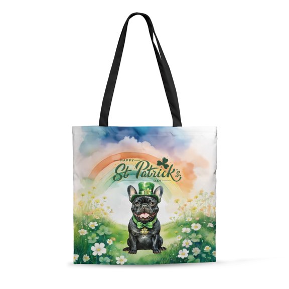 Happy St. Patrick’s Day French Bulldog with Green Hat Shamrocks Rainbow All Over Print 3D Canvas Tote Bag Dog Lover Gifts Reusable Handbag - 03007