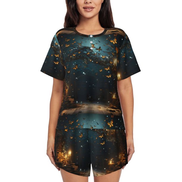 Balery Magical Library Butterfly Night Conjunto de Pijama para Mujer con Estampado, Dos Piezas de Manga Corta y Shorts, Ropa de Dormir Suave con Cuello Redondo y Bolsillos-4X-Large