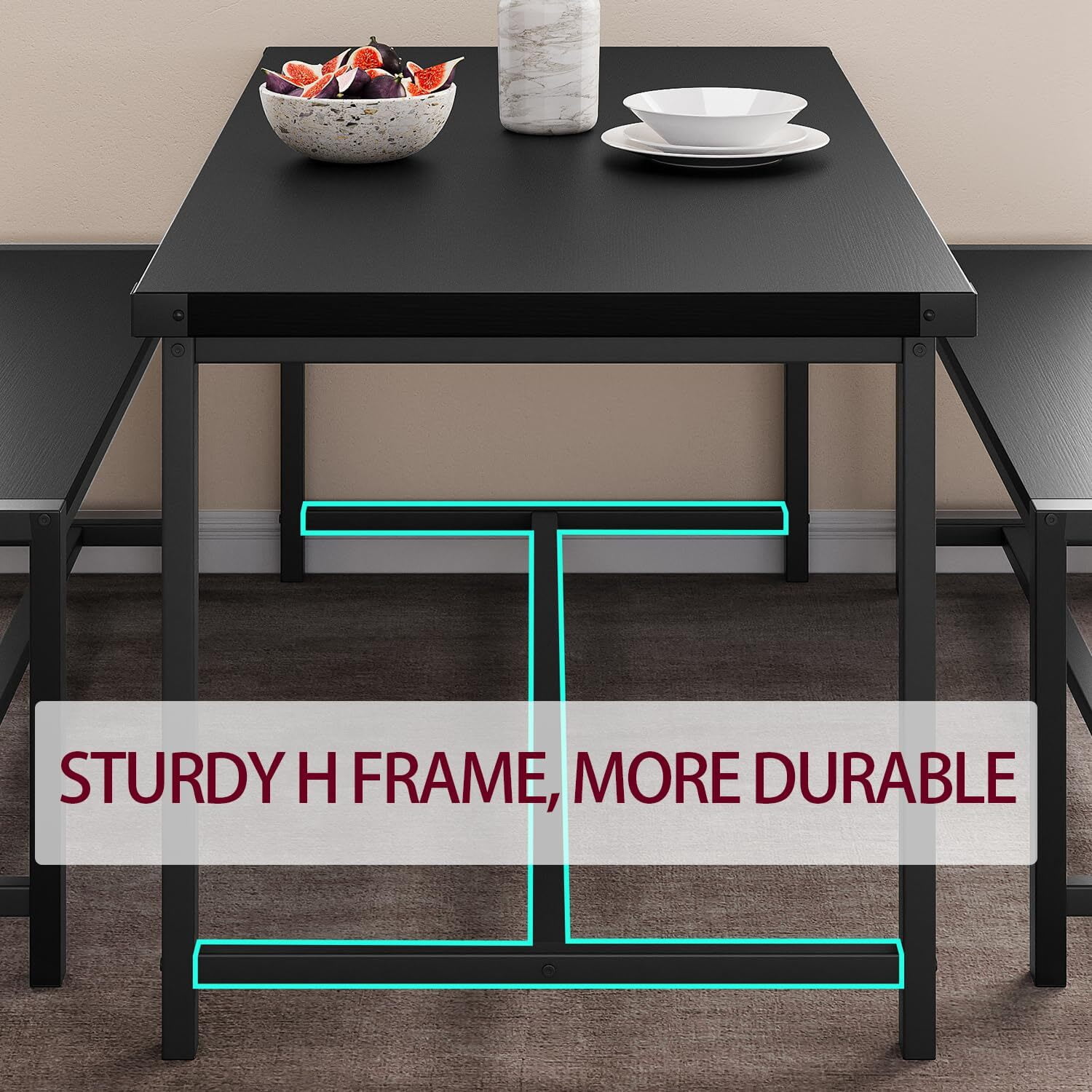 EastVita Black 3-Piece Dining Table Set for 4 with 2 Benches and Corner Protectors and H-Shaped Frame Compact for Apartments and Small Spaces