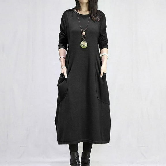 Blczomt Long Sleeve Womens Dresses Plain Plus Size Black Casual Dress Crewneck Trendy Pockets Dresses