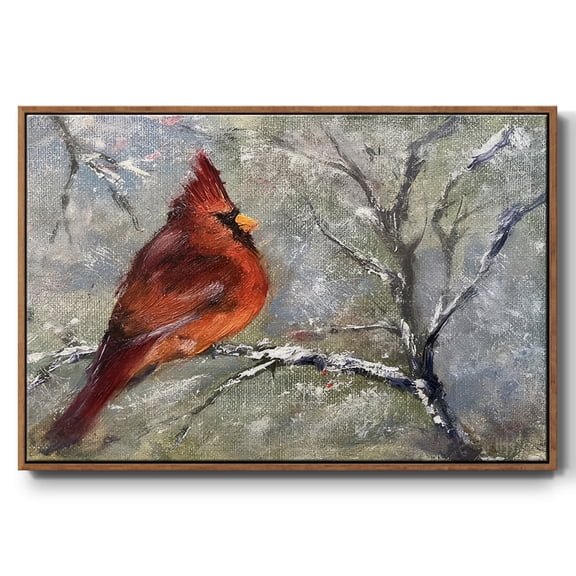 Cardinal in Snow II - Framed Gallery Wrapped Holiday Canvas - 17 x 25 - Rosewood Frame