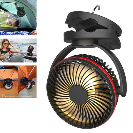 

Camping Clip On Fan 5000mAh 4 Speeds Quiet Airflow Rechargeable Fan with 35 Hours Work Time 360°Head Rotation Desk Fan With Hanging Hook for Outdoor & Office