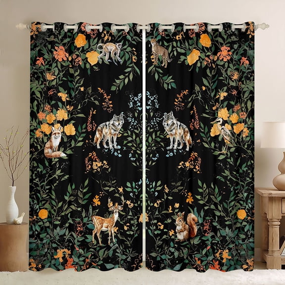 Erosebridal Tropical Flower Black Out Curtains, Woodland Animal Deer Wolf Curtains Pack of 2 (42x63 Each)