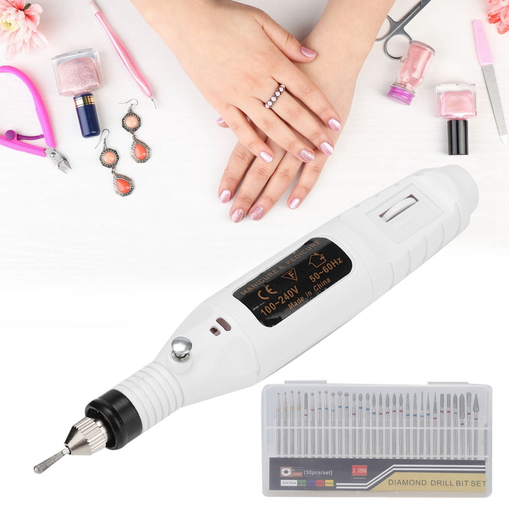 Riousery Professional Electric Manicure Nail Toe Drilling Machine with 30Pcs Grinding Head Set, High Speed Portable Efile for Acrylic Nails and Gel Polish Removal, 100-240V White (8.6 inches / 22 cm)
