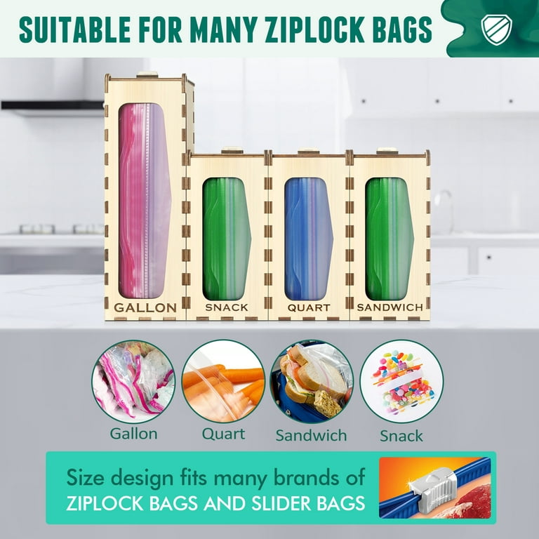 Fully Assembled) FLRUL Wooden Ziplock Bag Organizer for Pantry & Drawer, 4  Slots Baggie Storage Holder for Gallon Quart Sandwich & Snack bags,  Compatible with Ziploc Bags 