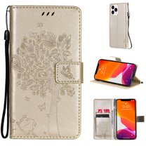 Allytech Wallet Case for iPhone 13 Pro Max 5G 6.7 inch 2021, Slim Premium Embossed Tree Cat Flowers PU Leather Flip Kickstand Magnetic Snap Hand Strap Case for iPhone 13 Pro Max 2021, Gold
