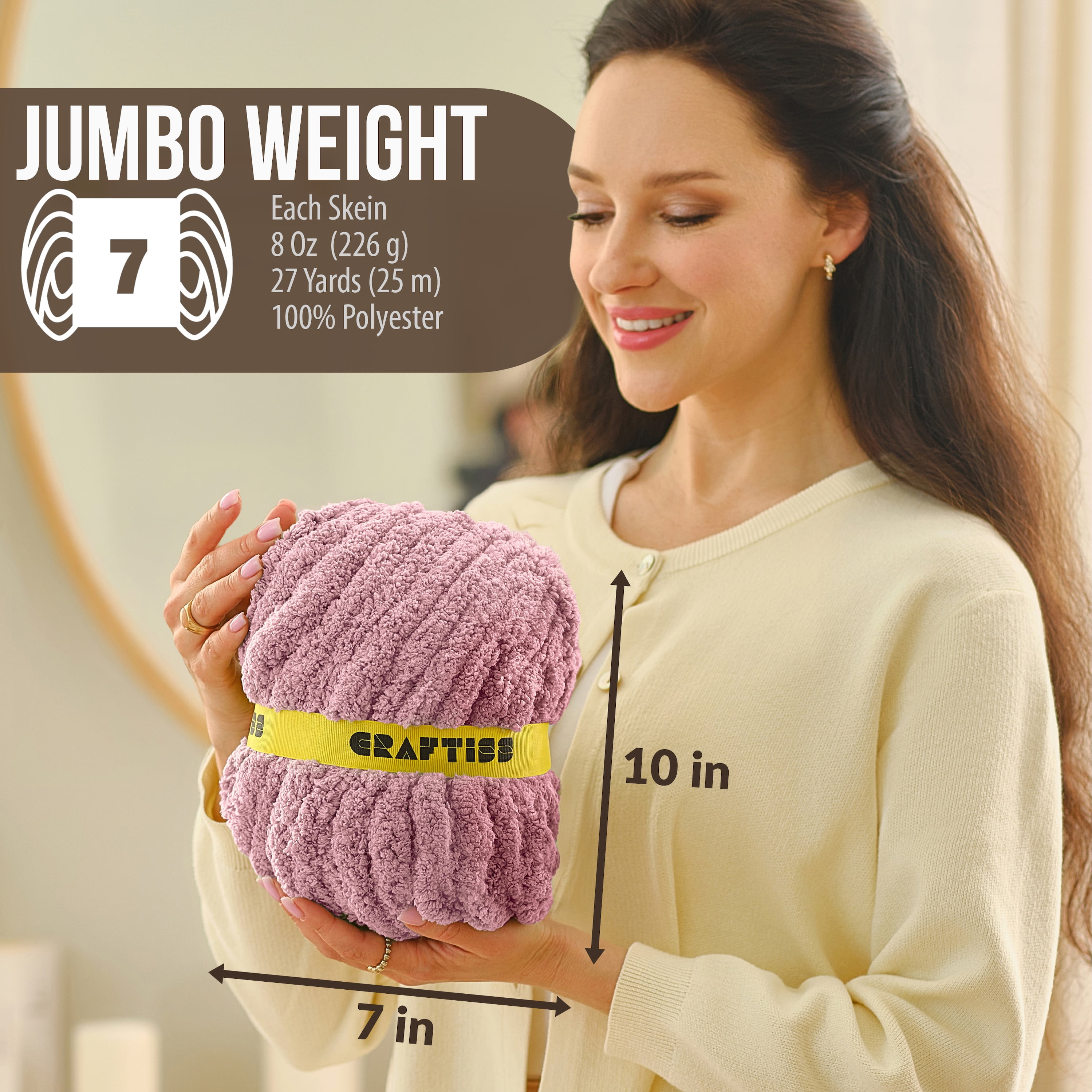 Craftiss Chunky Chenille Yarn for Crochet 8 Rolls - Dusty Pink Jumbo 7 Weight (27 Yds, 8 oz Skein) Bulky Thick Crochet Knit Blanket Chunky Yarn for Hand Knitting