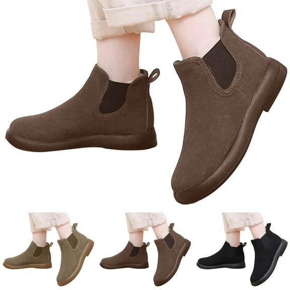 Dakaela Women's Chelsea Ankle Boots Fashion Slip on Fall Booties Shoes Fleece LIned Winter Snow Flat Walking Boots Black 6.5