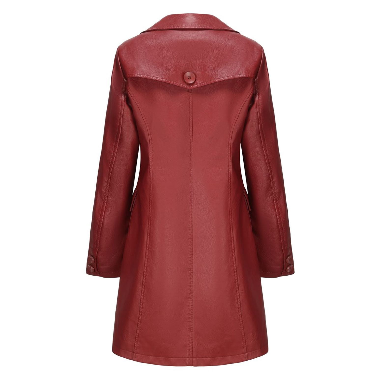 Defitshape Women's Pu Faux Leather Coat Button Down Pockets Single Breasted Trench Coat Casual Lapel Collar Long Sleeve Fall Top Long Blazer Jacket Burgundy 3X-Large